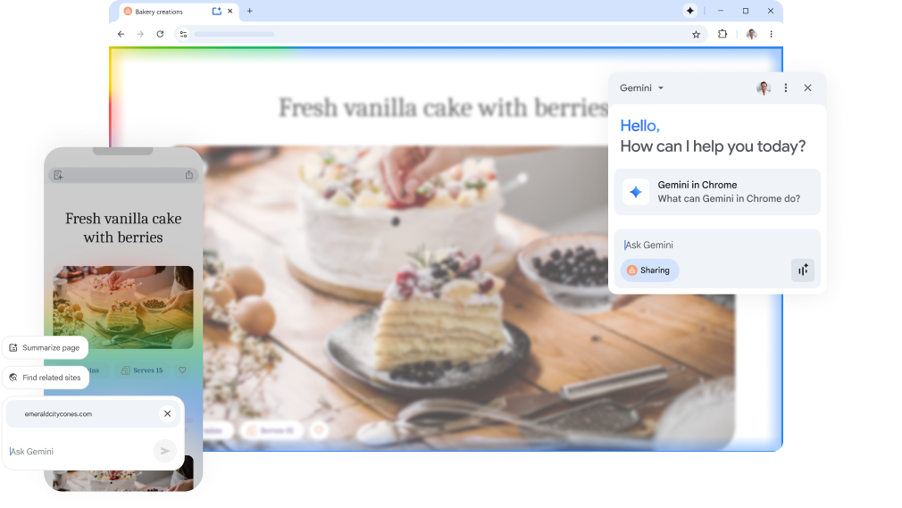 A pop-up over a cake recipe webpage asks how Gemini in Chrome can help. The feature is on both desktop and mobile.
