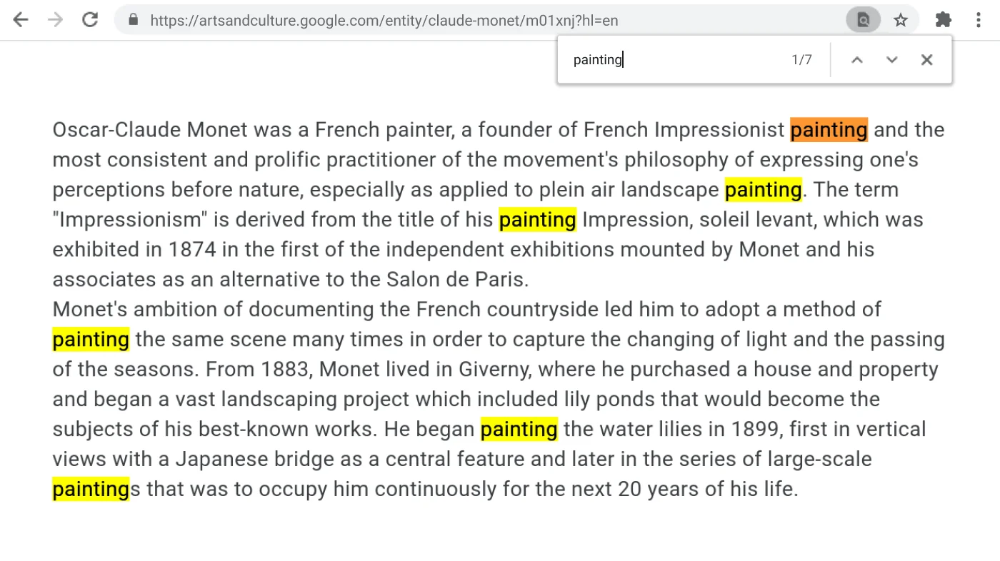 Chrome browser window open to a webpage with the Find function active.